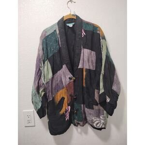 90s Native Tribal Quilted Patchwork Jacket Multi-Color One Size Cocoon Style Vtg